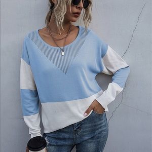 🆕 Drop Shoulder Baby Blue & White Block Sweater - Large